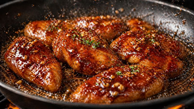 Honey garlic glaze coating chicken in pan