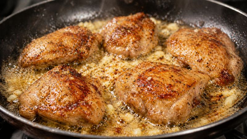 “Chicken pieces sizzling in a butter garlic pan, golden brown color, garlic frying in butter, steam and oil bubbles, close-up cooking shot, professional kitchen lighting, ultra realistic”