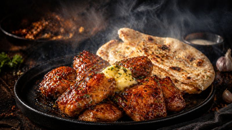 Final smoky honey garlic butter chicken served with naan